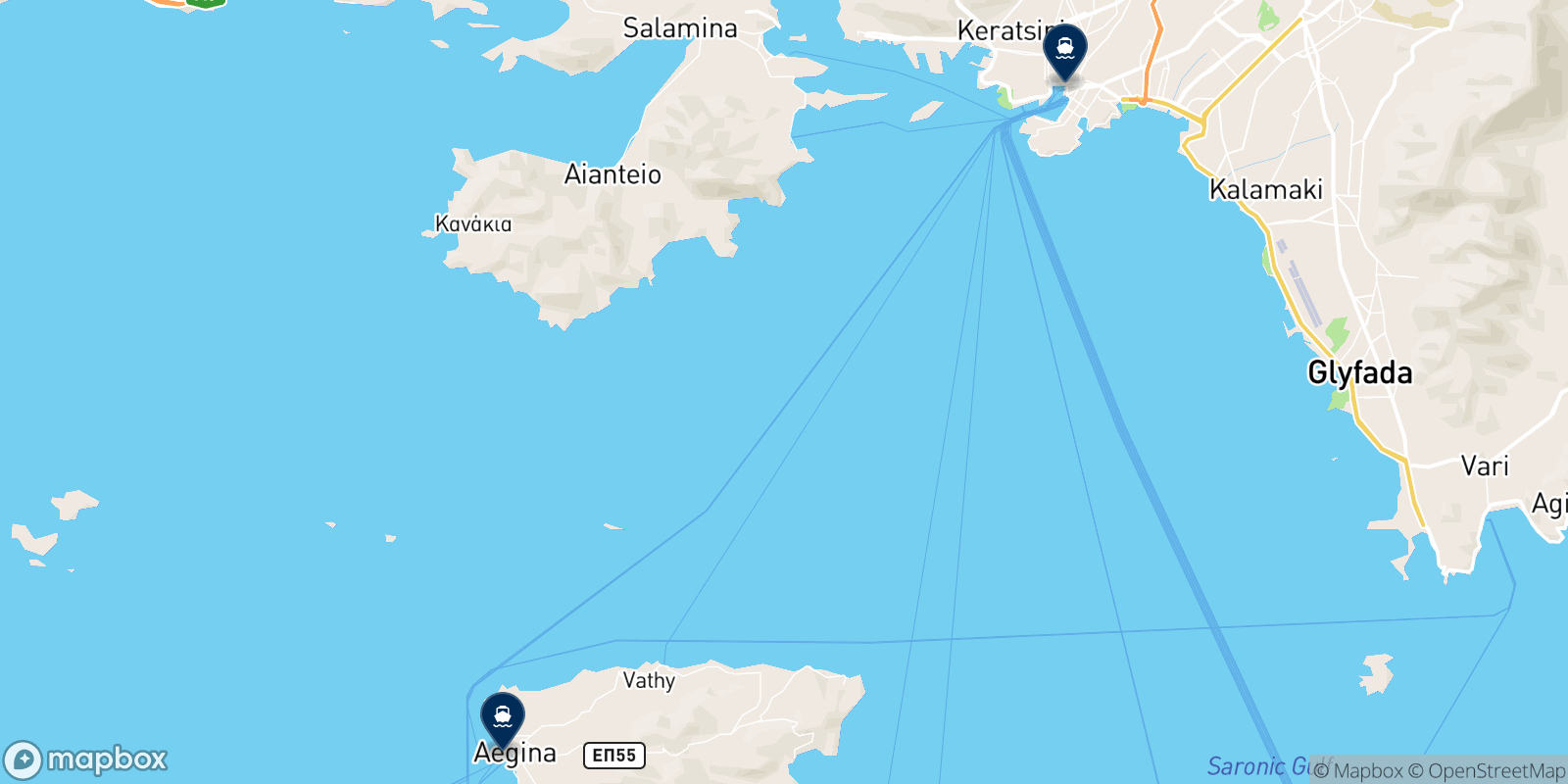 Mapa de los destinos Saronic Ferries