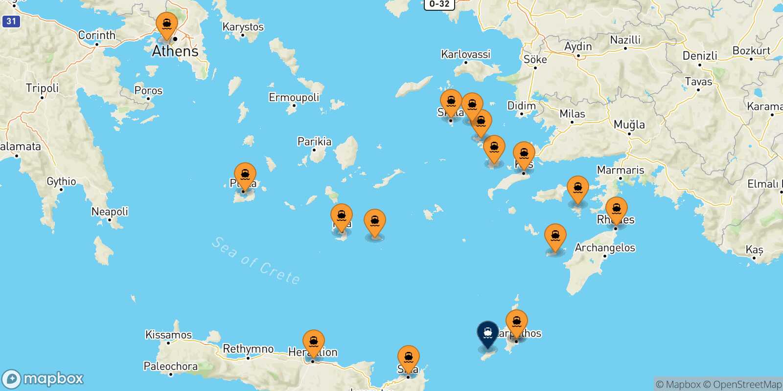 Mapa de los puertos conectados con  Kasos