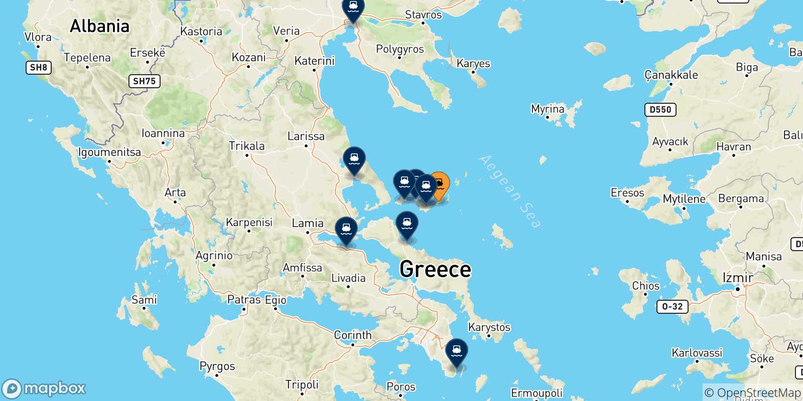 Mapa de las posibles rutas entre Alonissos y  Grecia