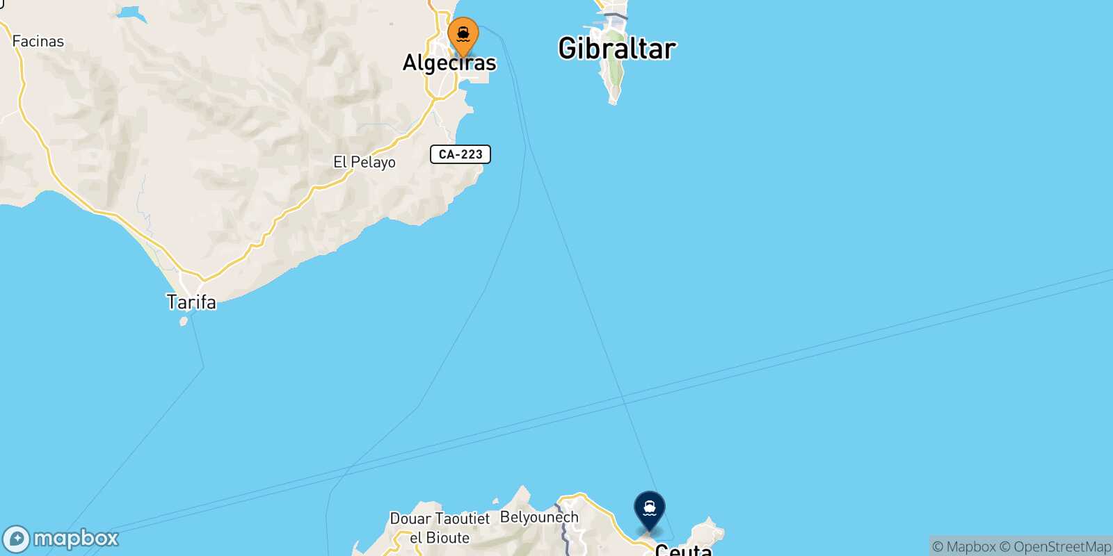Mapa de los puertos conectados con  Ceuta