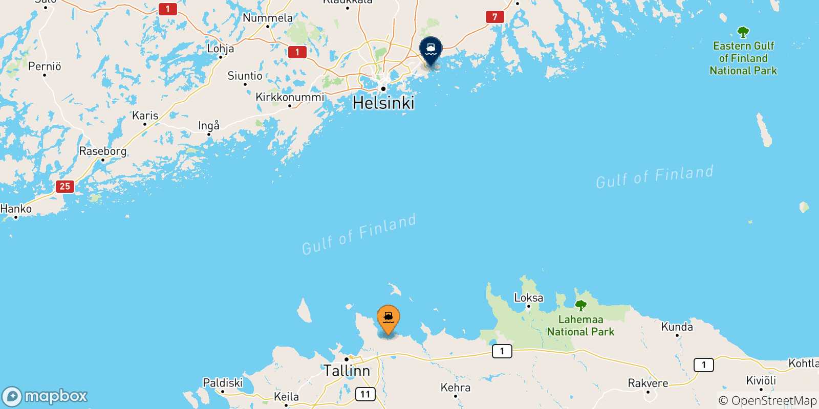 Mapa de las posibles rutas entre Muuga y  Finlandia