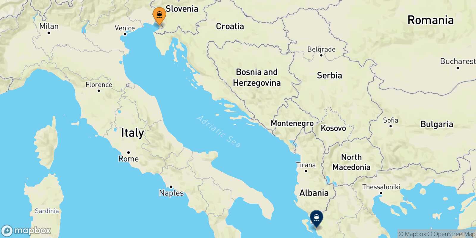 Mapa de la ruta Trieste Igoumenitsa
