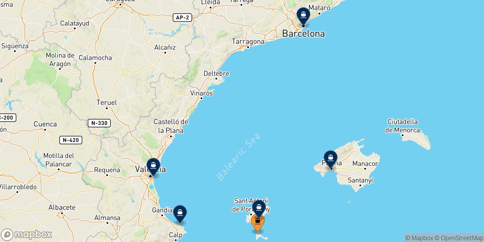 Mapa de los destinos alcanzables de Formentera
