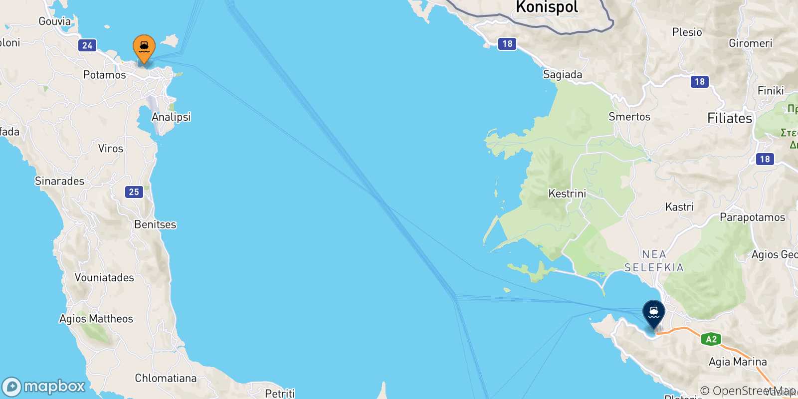 Mapa de las posibles rutas entre Grecia y  Igoumenitsa