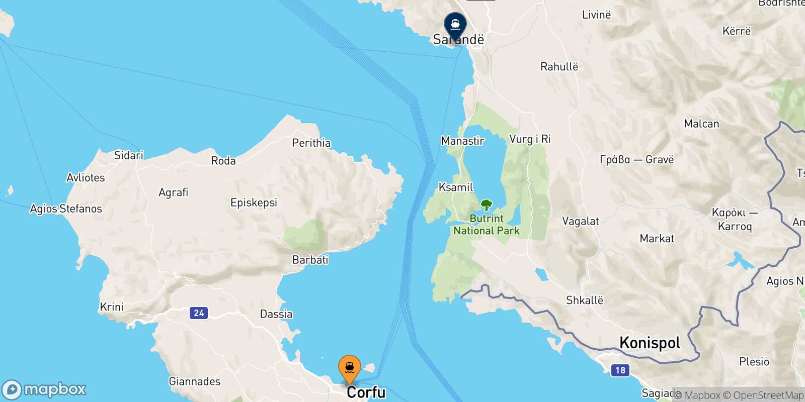 Mapa de la ruta Corfu Saranda