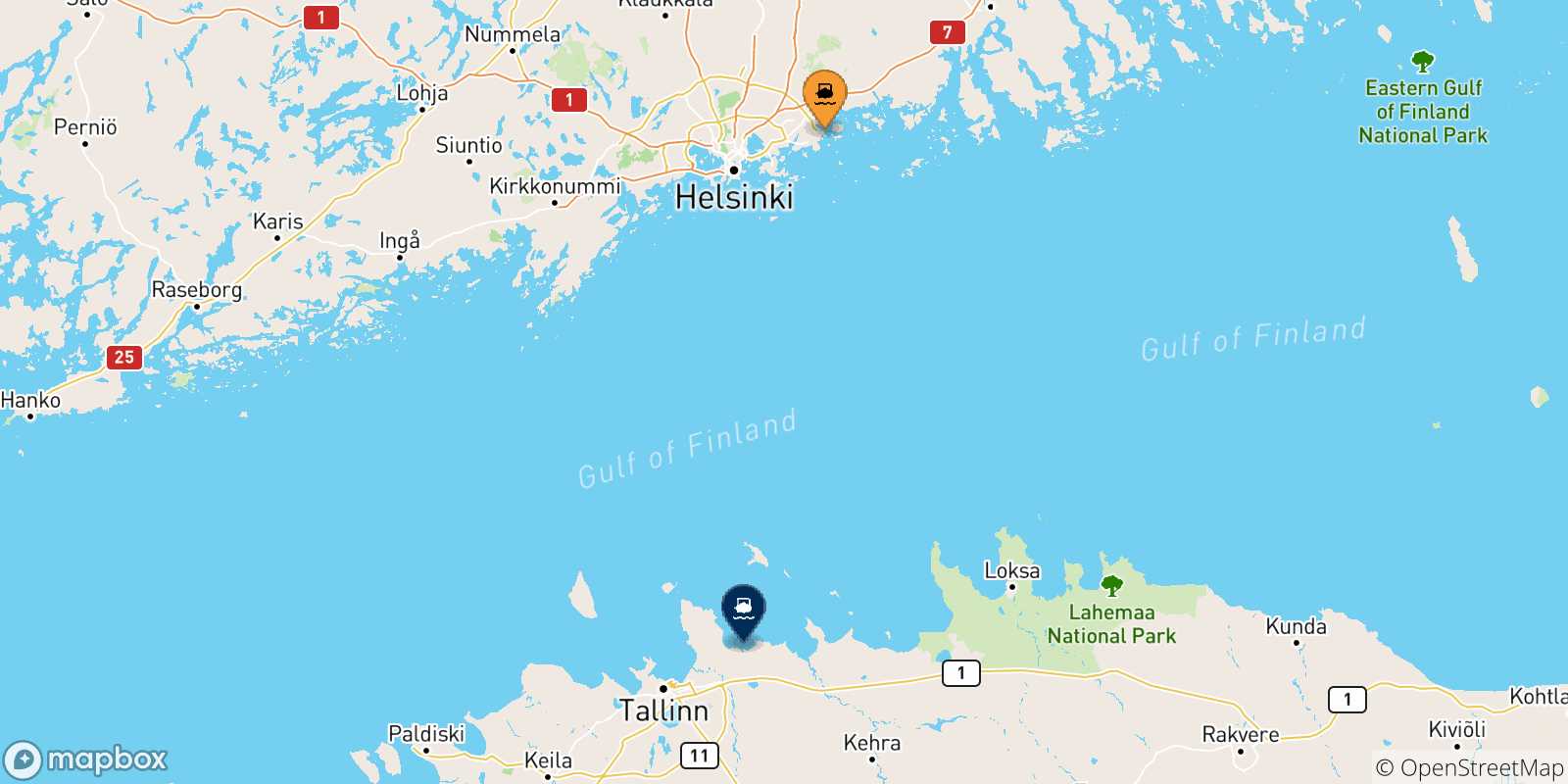 Mapa de las posibles rutas entre Vuosaari y  Estonia