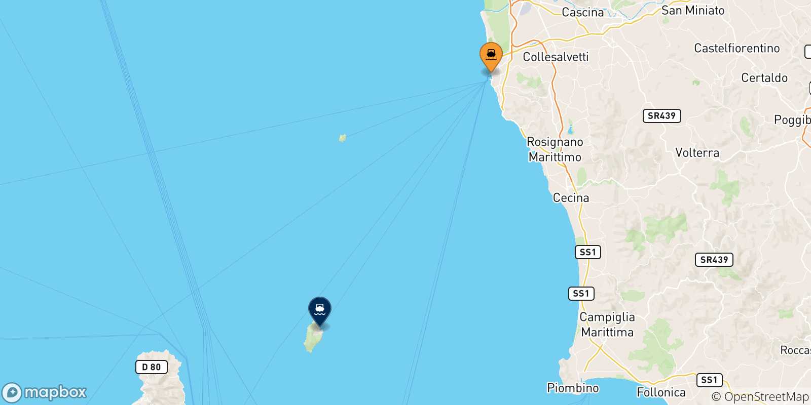 Mapa de las posibles rutas entre Livorno y  Isla De Capraia