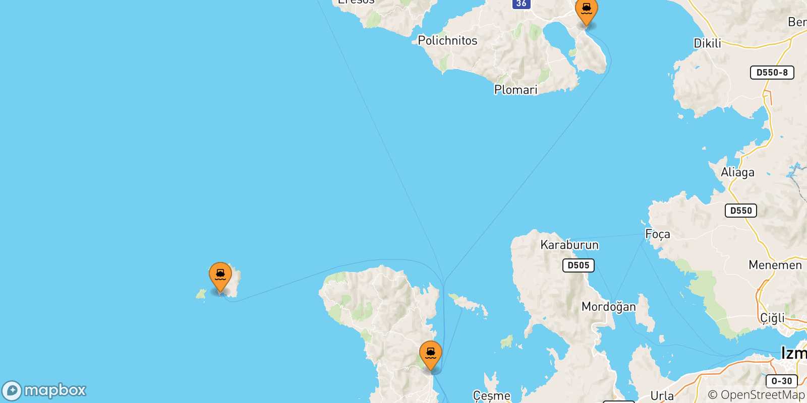 Mapa de las posibles rutas entre Islas Del Egeo y  Inousses