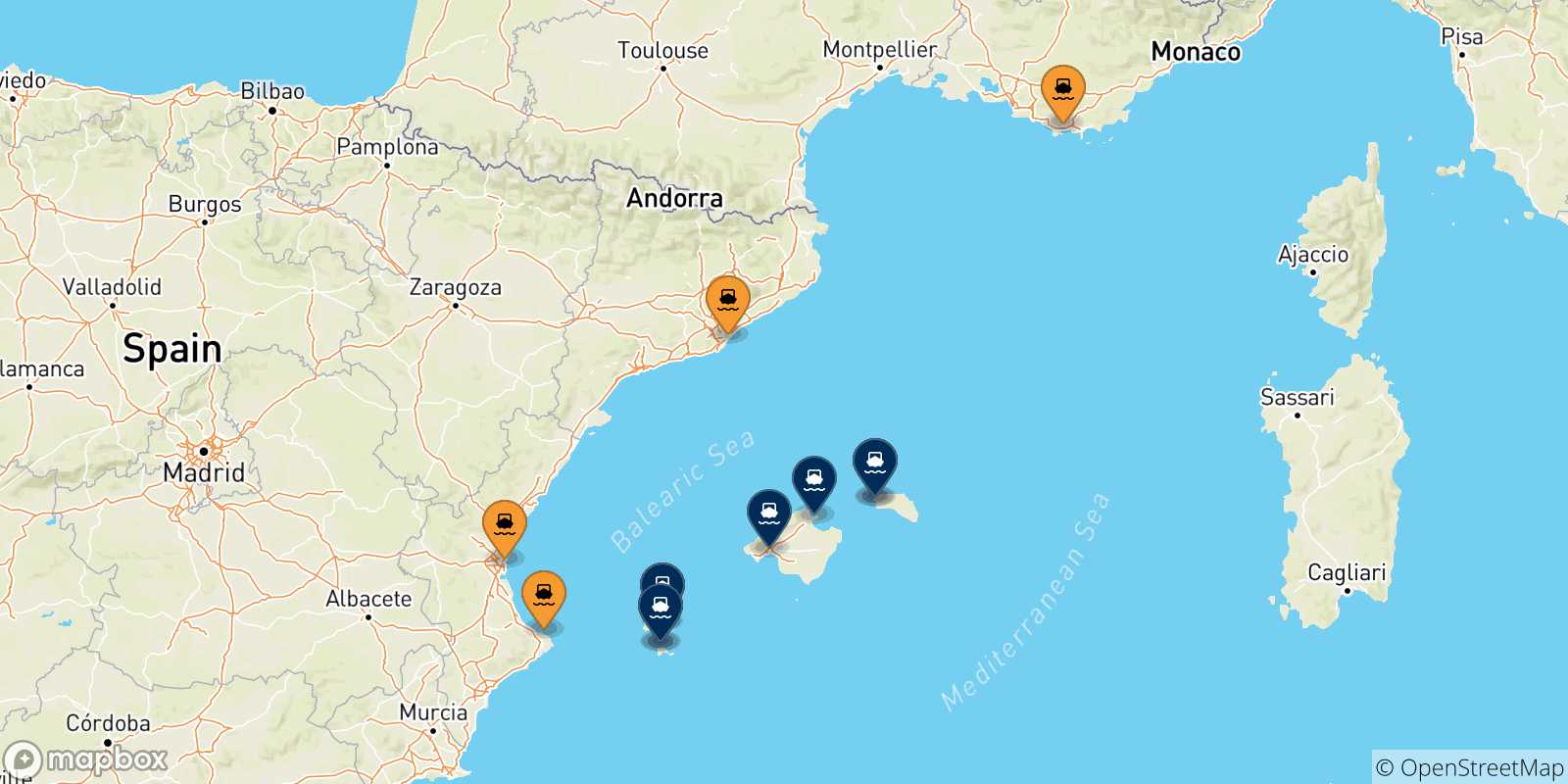 Mapa de los puertos conectados con  Islas Baleares