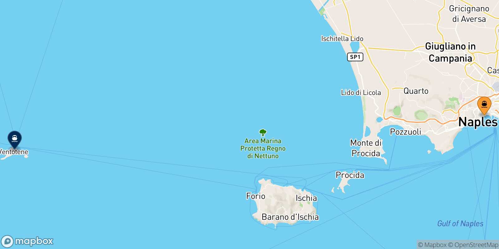 Mapa de la ruta Nápoles Beverello Ventotene