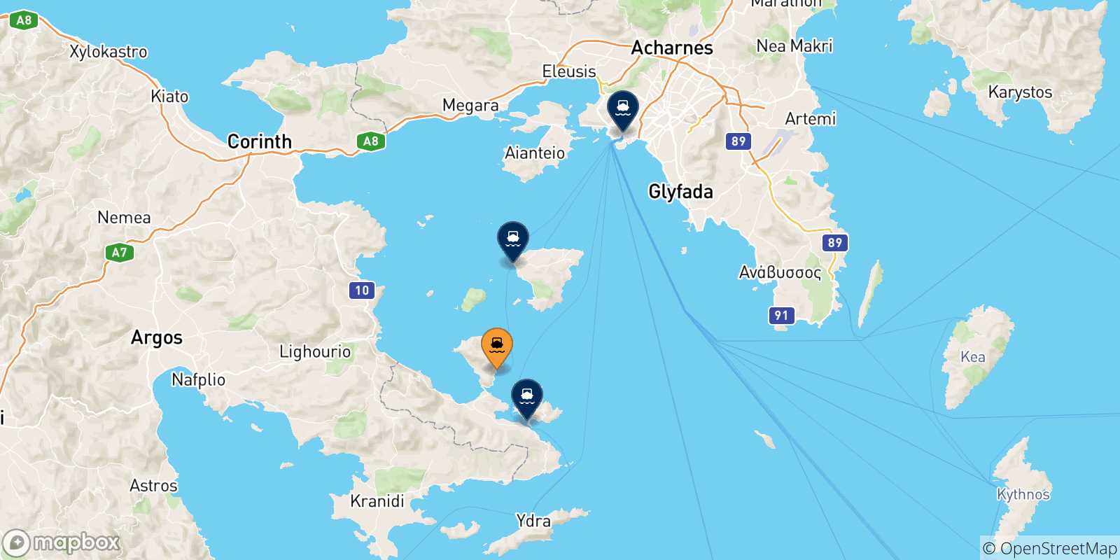 Mapa de las posibles rutas entre Methana y  Grecia