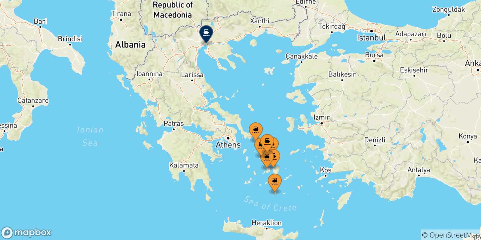 Mapa de las posibles rutas entre Las Cicladas y  Salónica