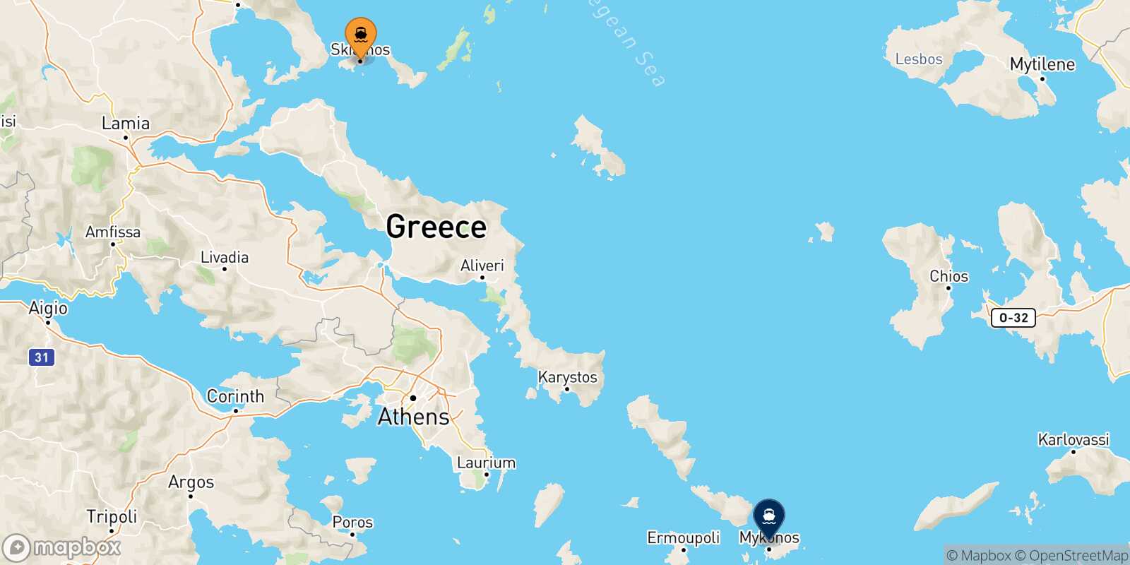Mapa de los puertos conectados con  Mykonos