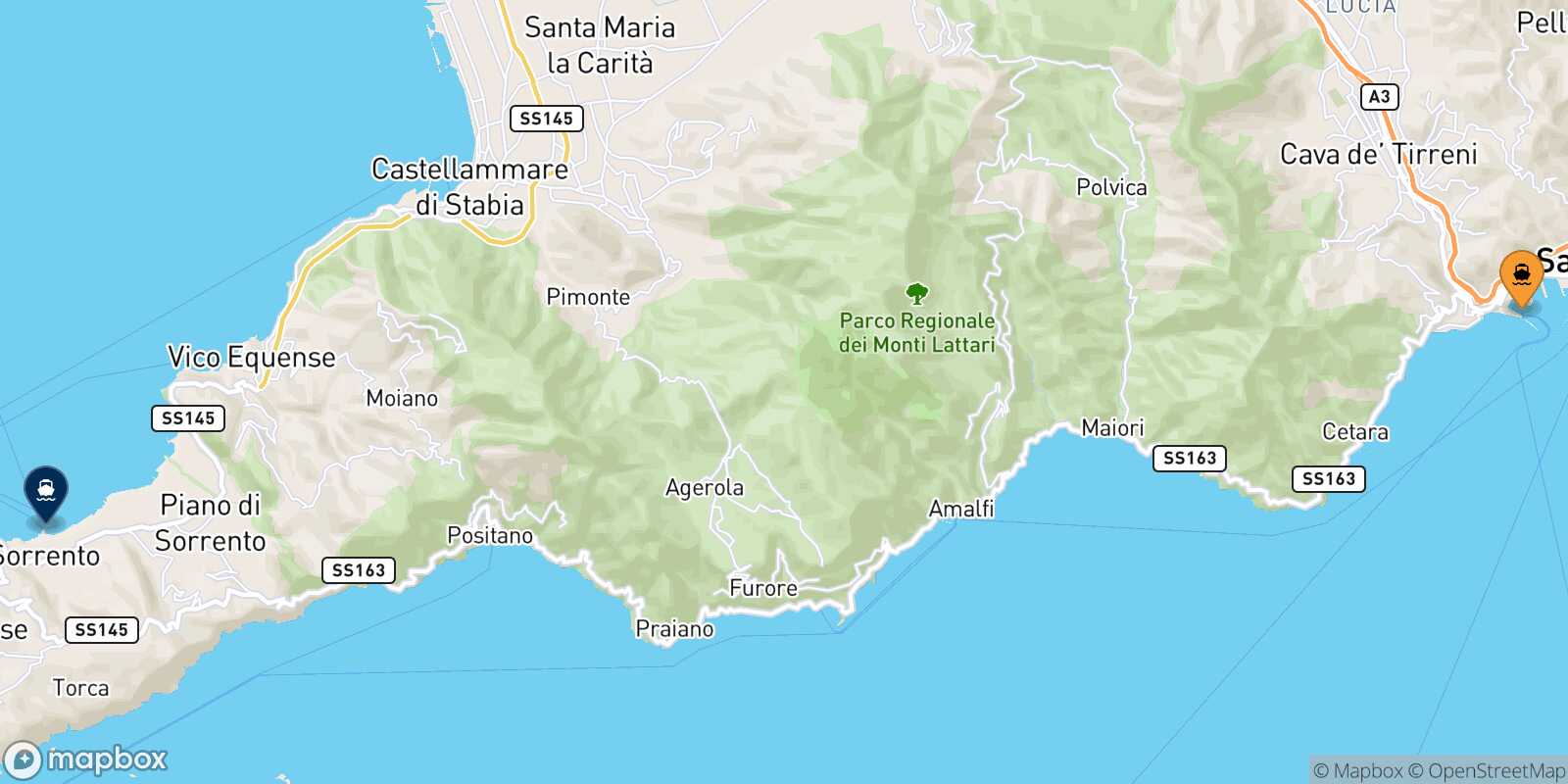 Mapa de la ruta Salerno Sorrento
