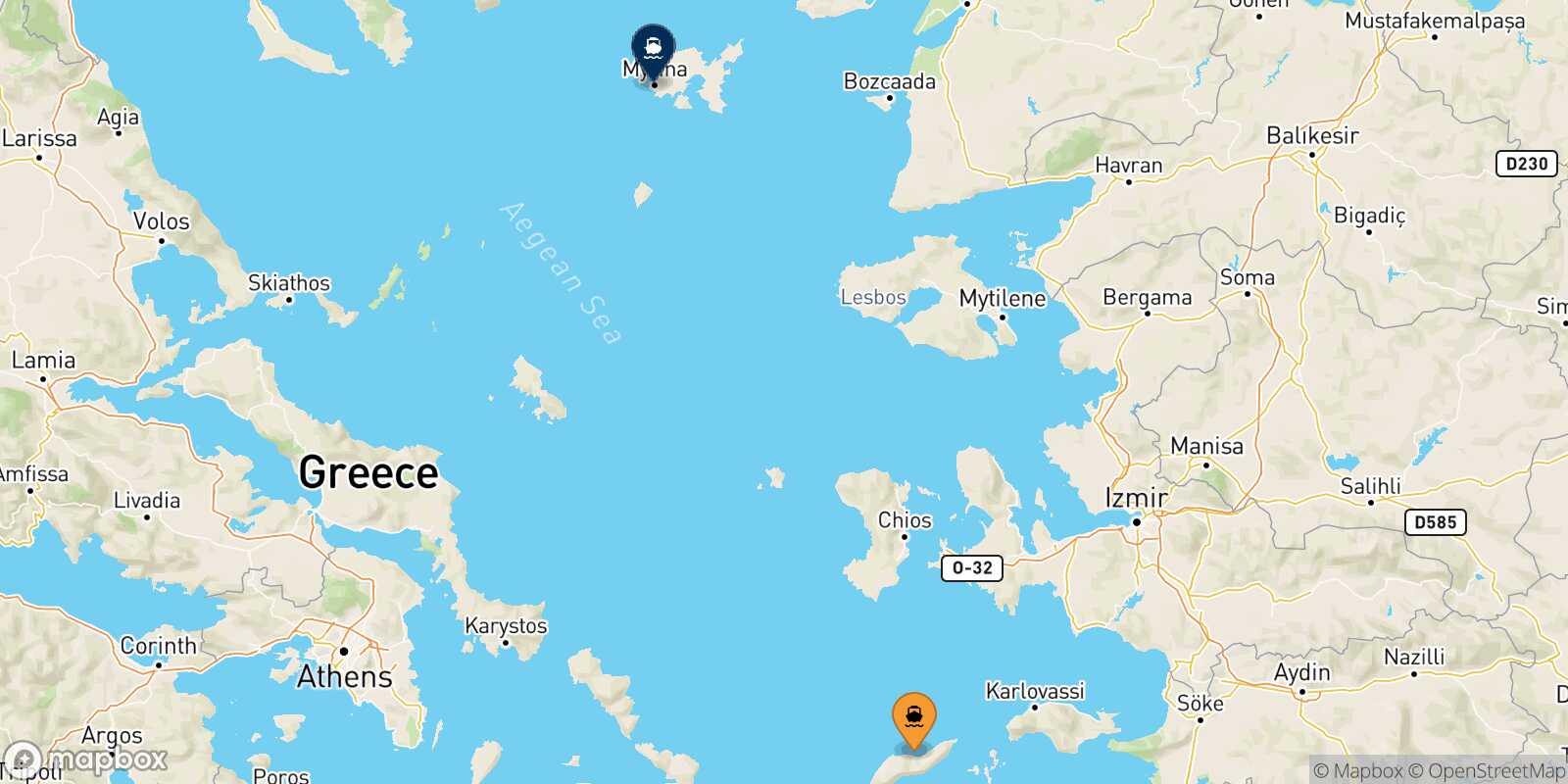 Mapa de la ruta Agios Kirikos (Ikaria) Mirina (Limnos)