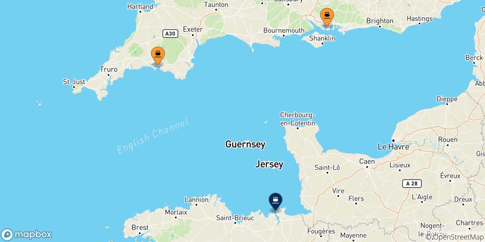 Mapa de las posibles rutas entre Reino Unido y  St Malo