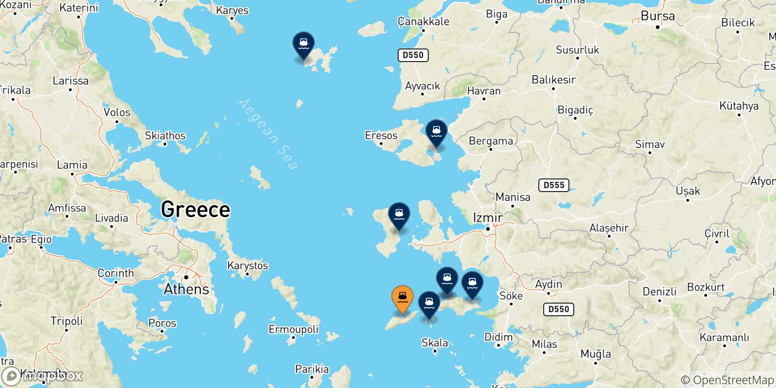 Mapa de las posibles rutas entre Agios Kirikos (Ikaria) y  Islas Del Egeo