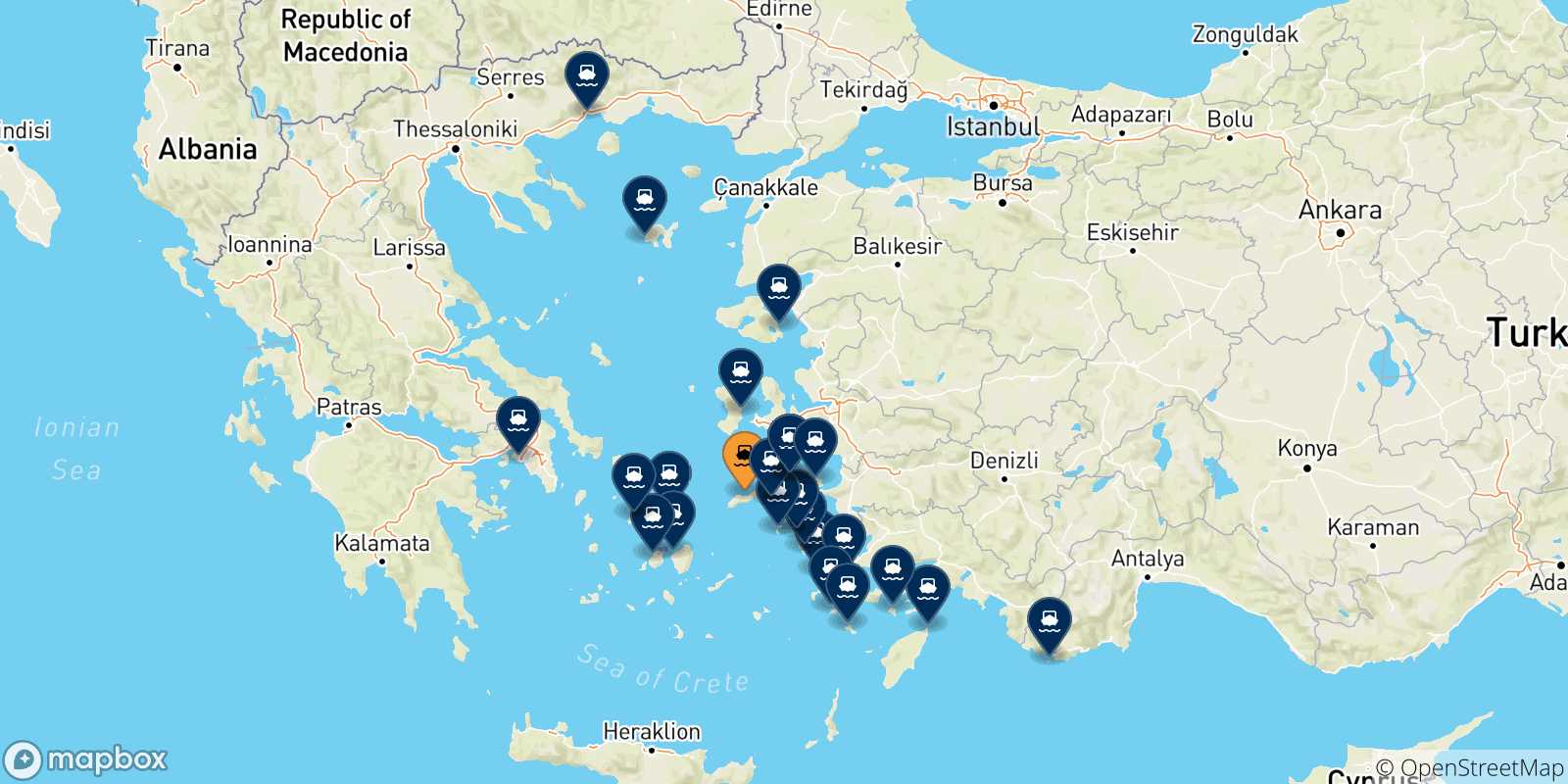 Mapa de las posibles rutas entre Agios Kirikos (Ikaria) y  Grecia
