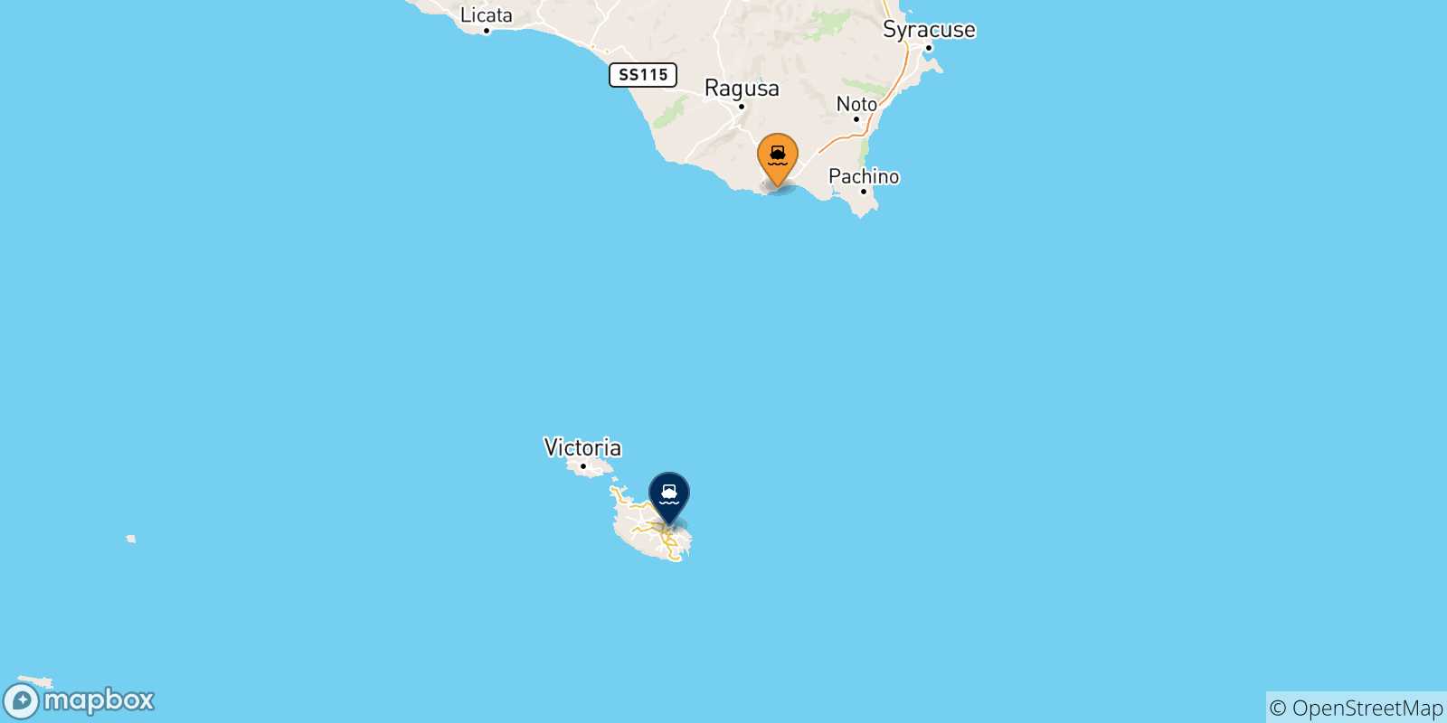 Mapa de las posibles rutas entre Pozzallo y  Malta