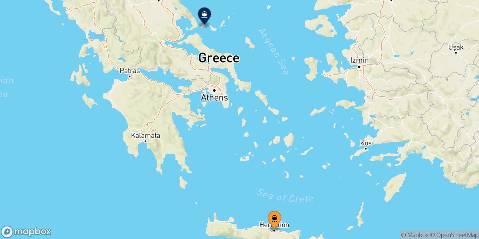 Mapa de los destinos alcanzables de Heraklion