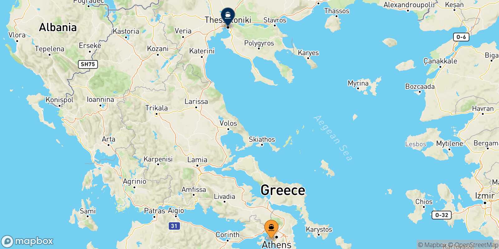 Mapa de la ruta El Pireo Salónica