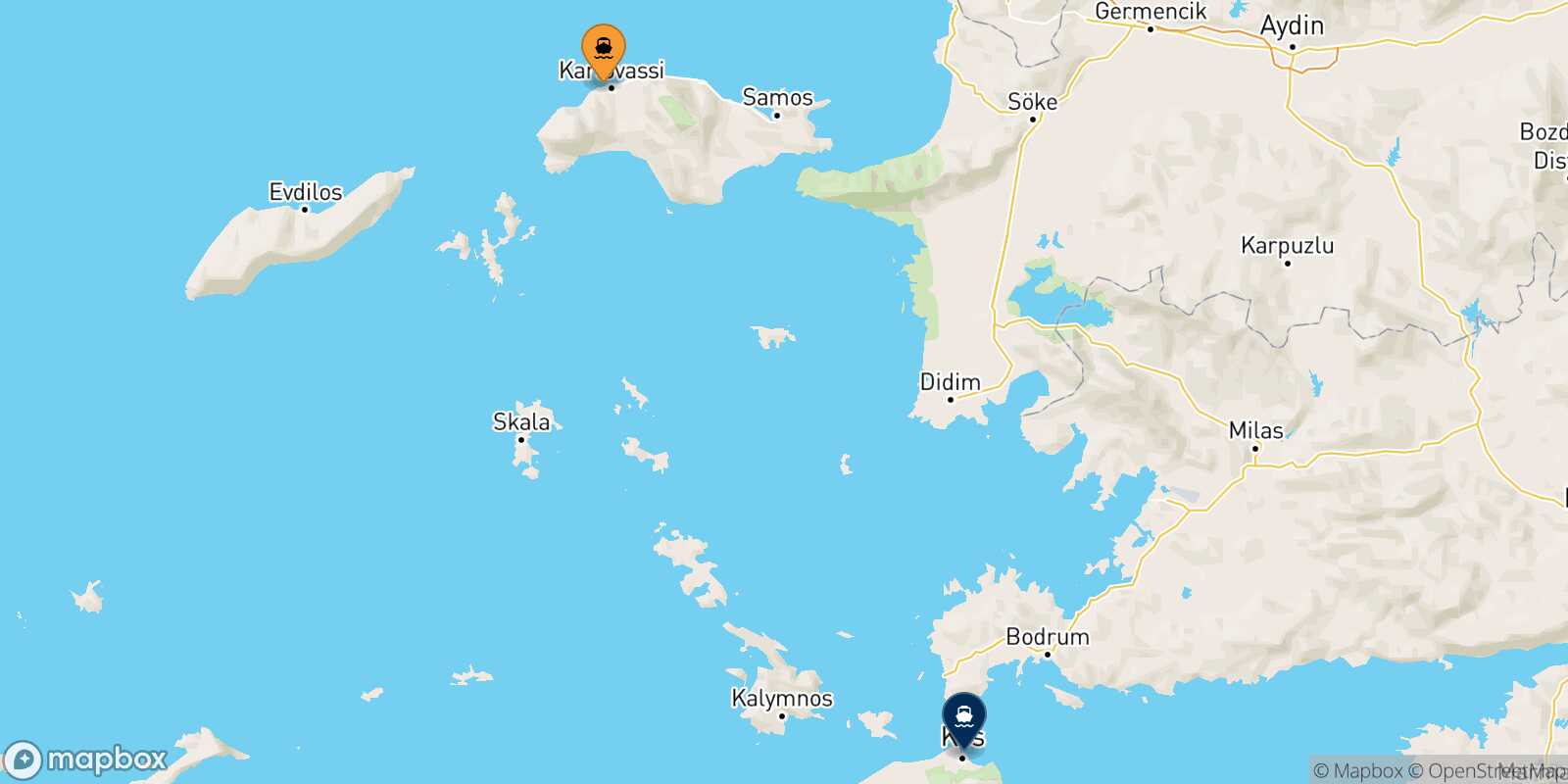 Mapa de la ruta Pythagorio (Samos) Kos