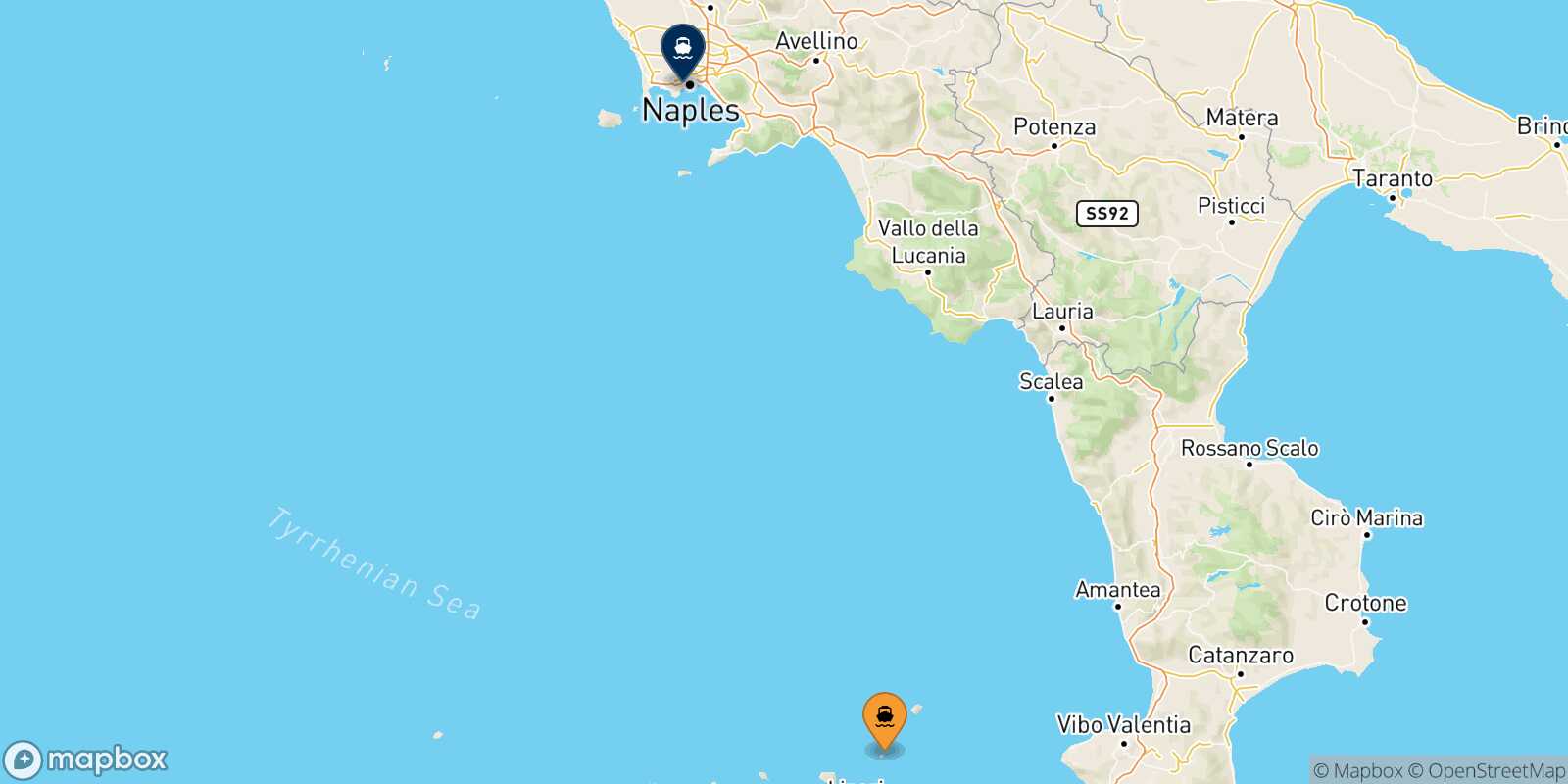 Mapa de la ruta Panarea Nápoles Mergellina