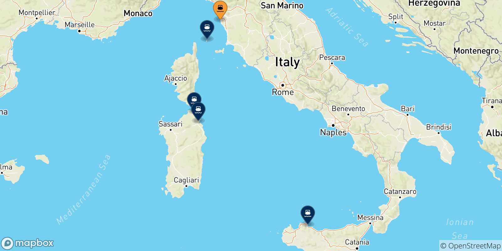 Mapa de las posibles rutas entre Livorno y  Italia