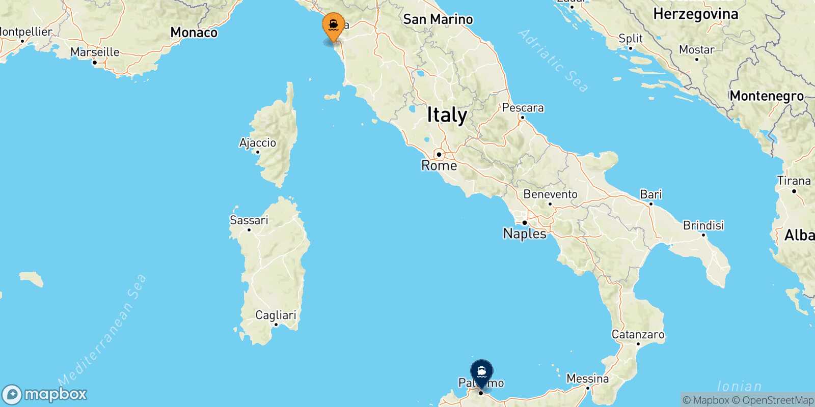 Mapa de la ruta Livorno Palermo