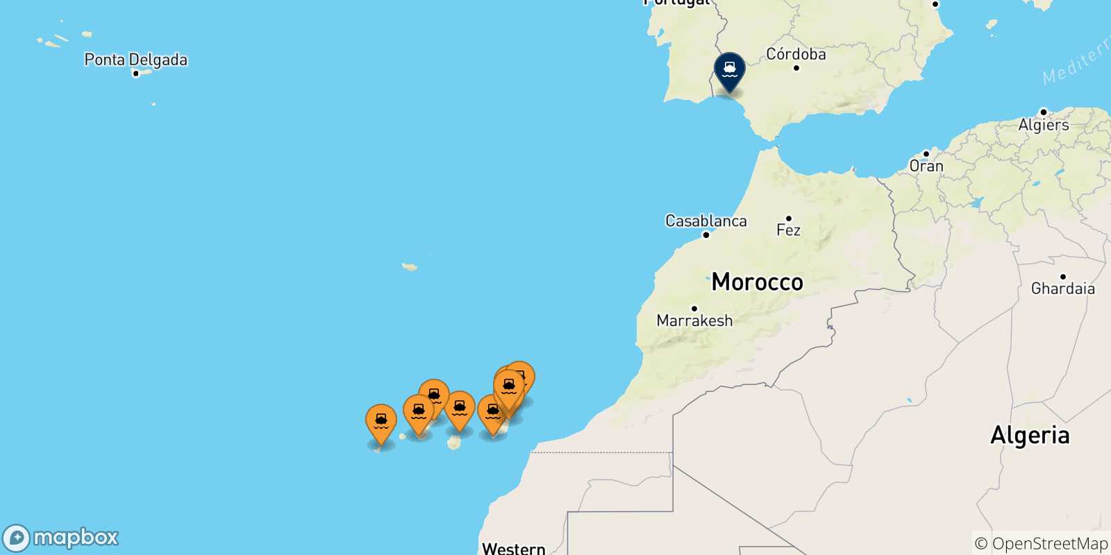 Mapa de las posibles rutas entre Islas Canarias y  España