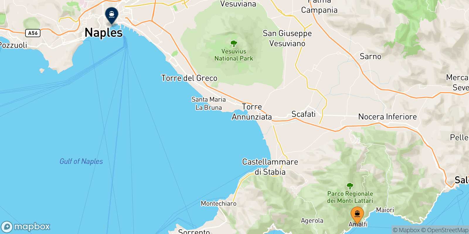 Mapa de la ruta Amalfi Nápoles Beverello
