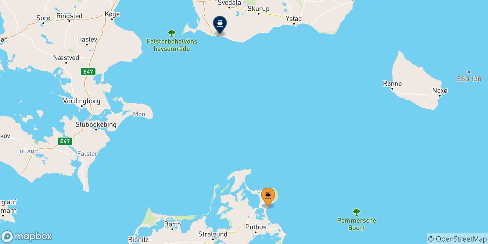 Mapa de las posibles rutas entre Sassnitz y  Suecia