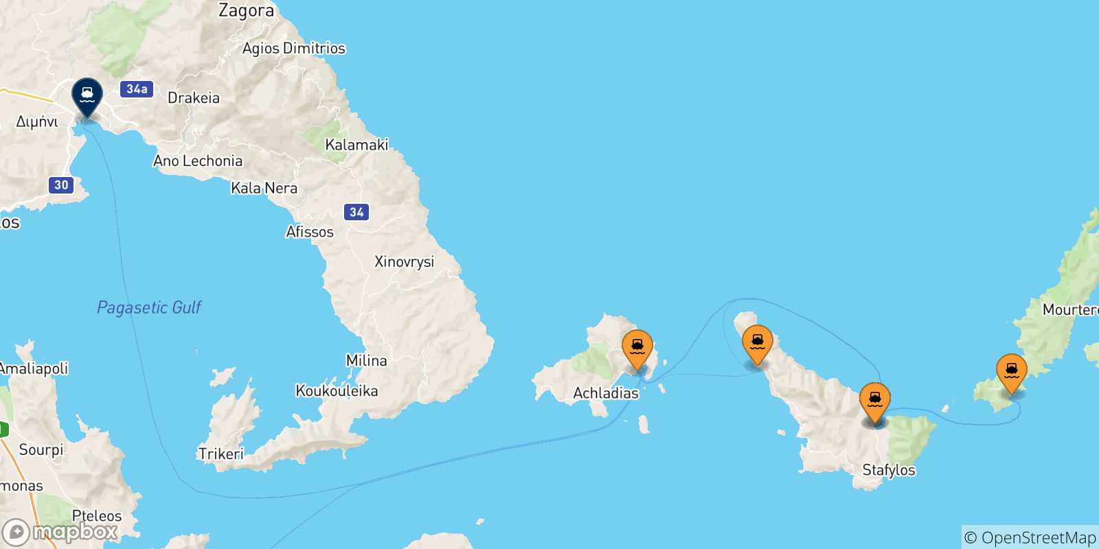 Mapa de las posibles rutas entre Islas Espóradas y  Volos