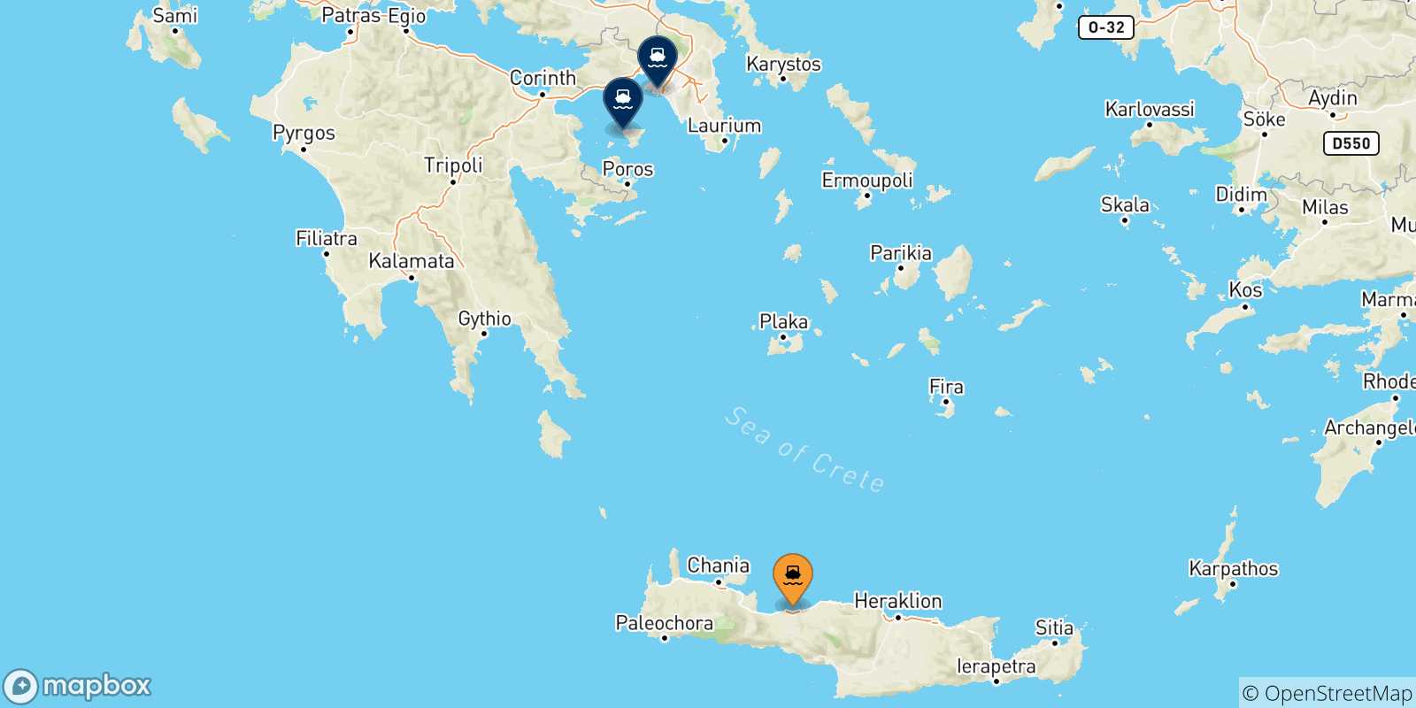 Mapa de las posibles rutas entre Myli (Agistri) y  Grecia