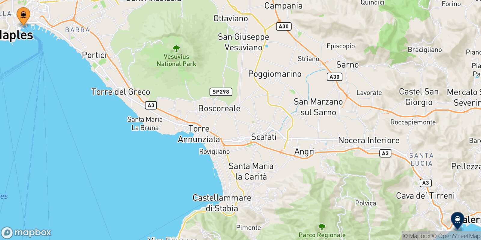 Mapa de la ruta Nápoles Beverello Salerno