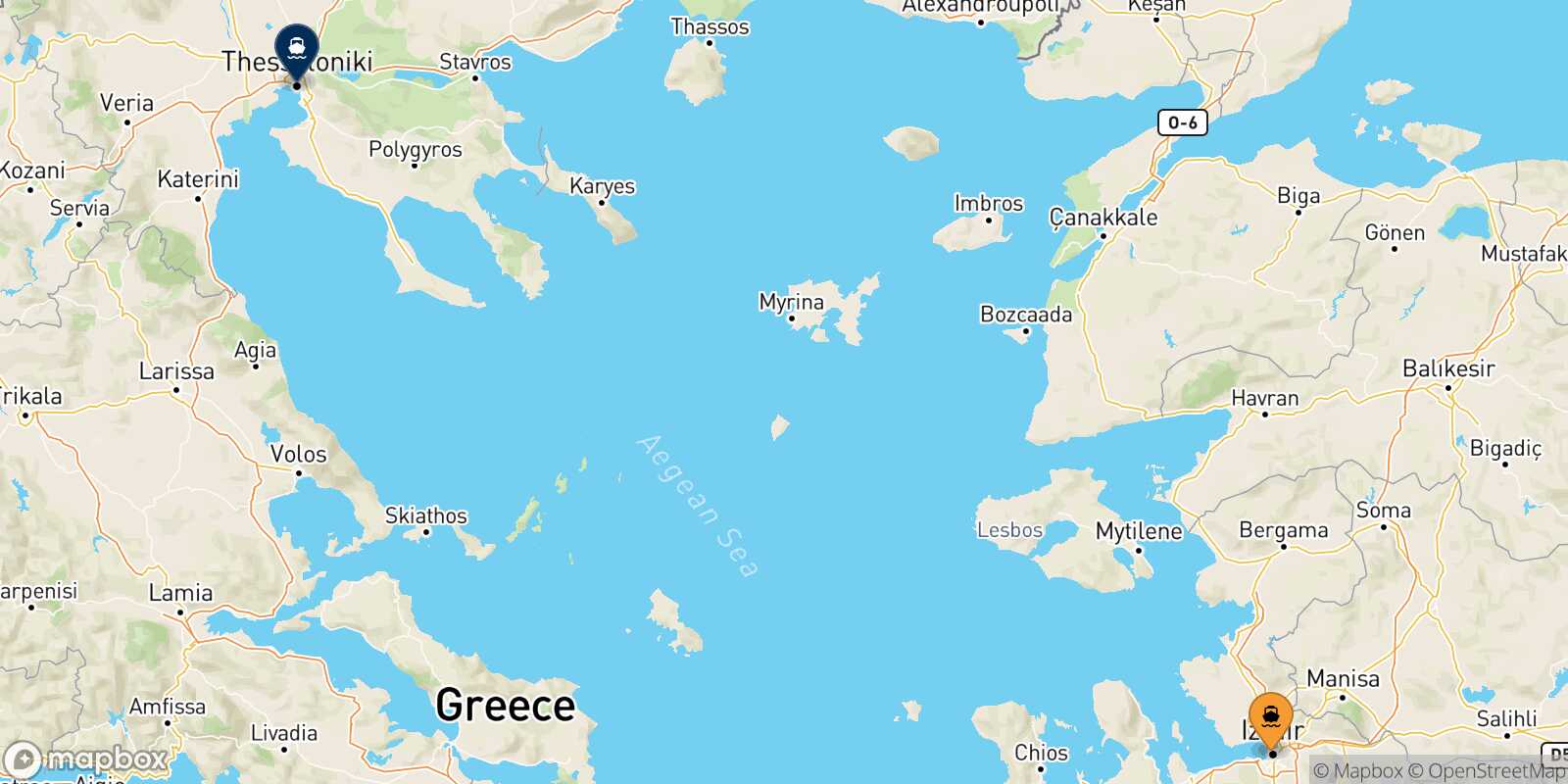 Mapa de los puertos conectados con  Salónica