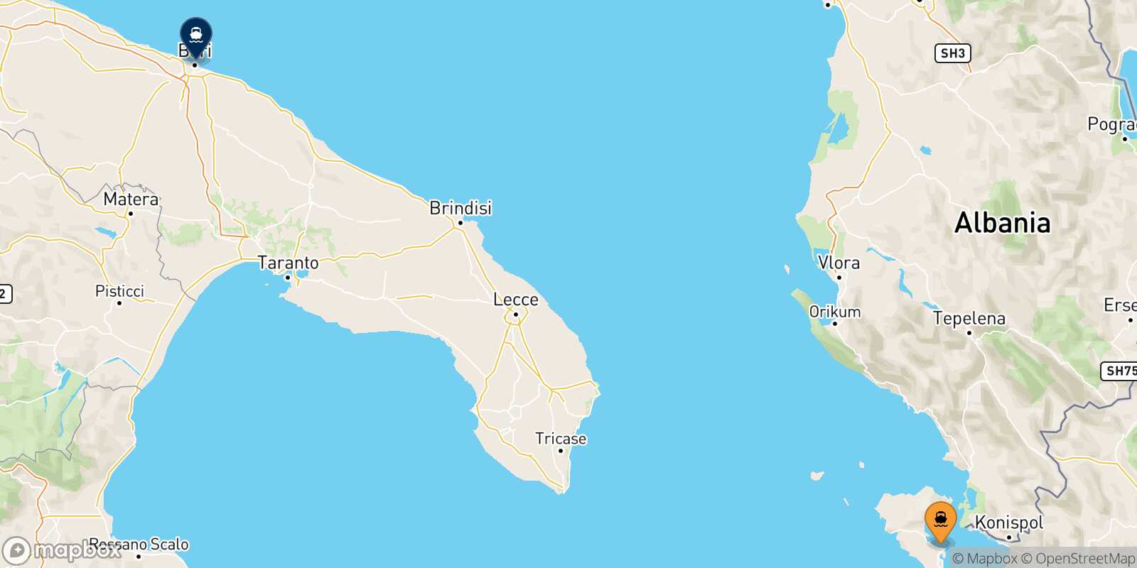 Mapa de la ruta Corfu Bari