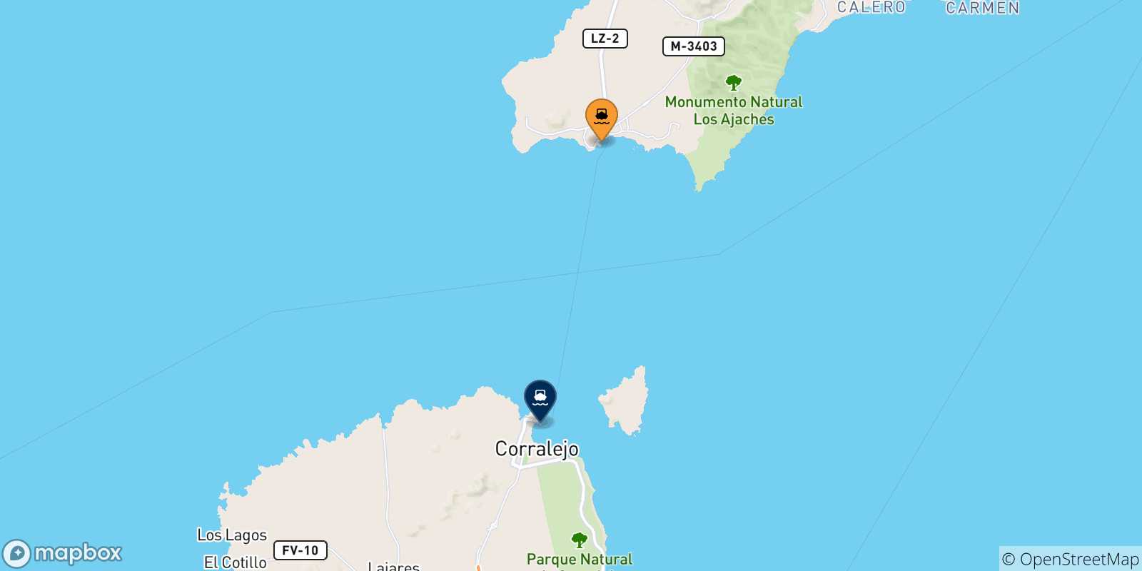 Mapa de las posibles rutas entre España y  Corralejo (Fuerteventura)