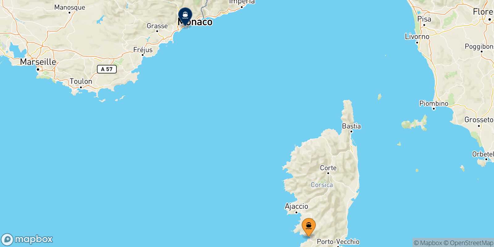 Mapa de la ruta Ajaccio Niza