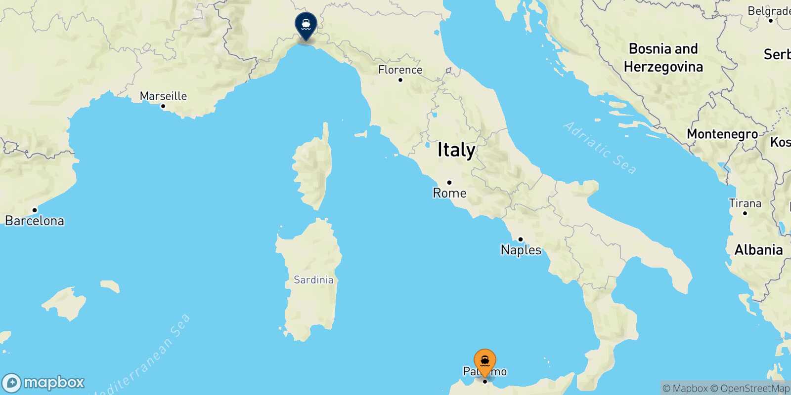 Mapa de la ruta Palermo Genova