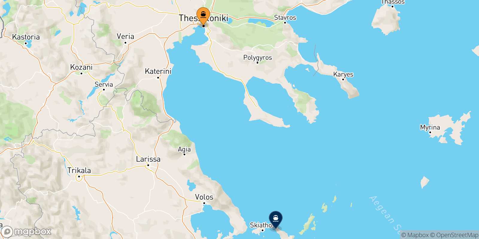 Mapa de la ruta Salónica Agnontas (Skopelos)
