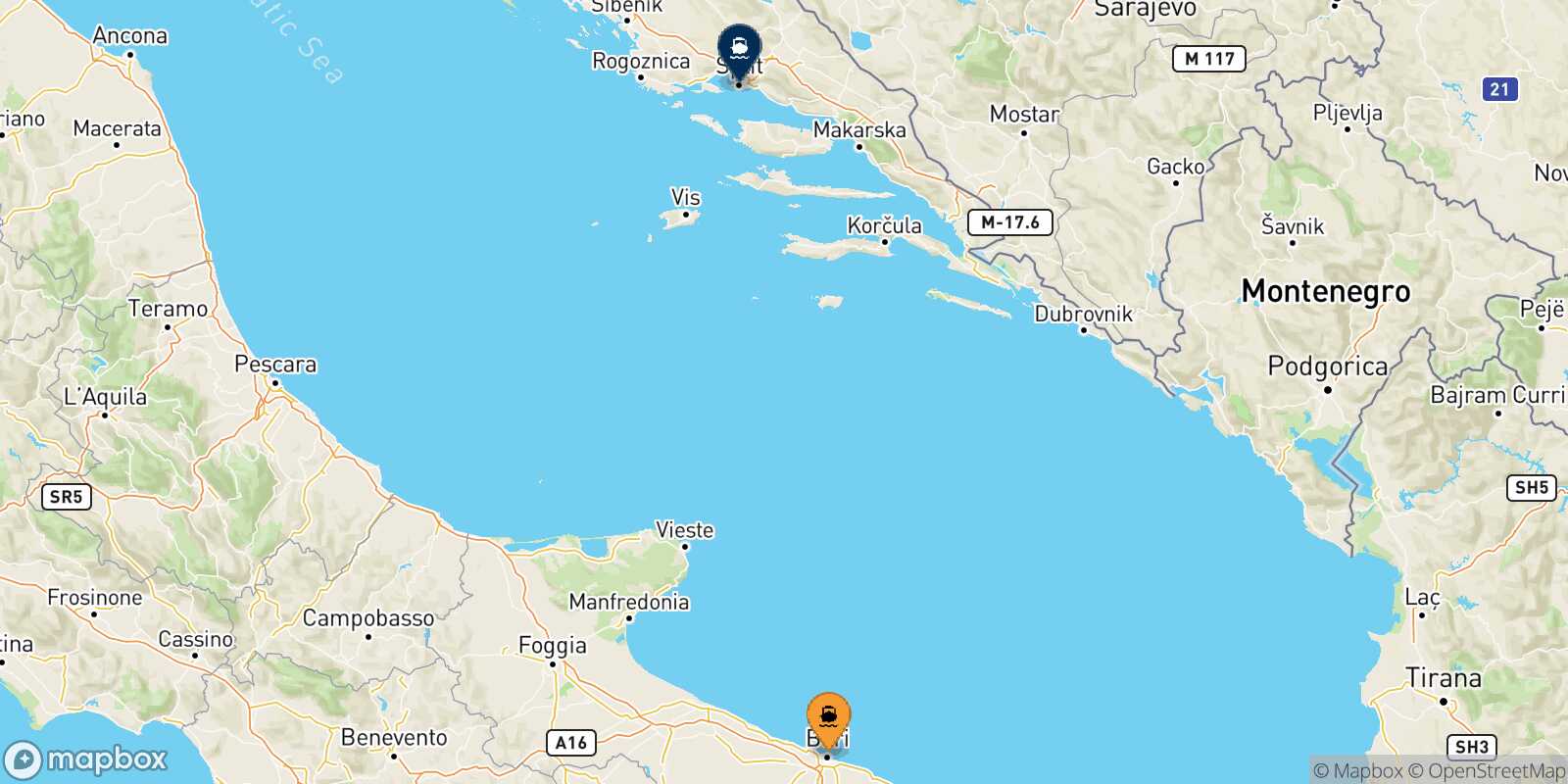 Mapa de la ruta Bari Split