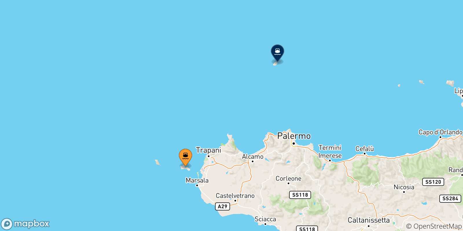 Mapa de las posibles rutas entre Islas Egadas y  Ustica