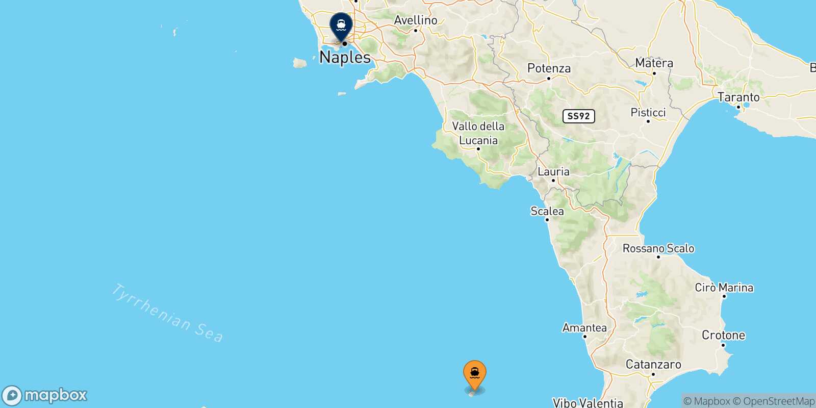 Mapa de la ruta Stromboli Nápoles Mergellina