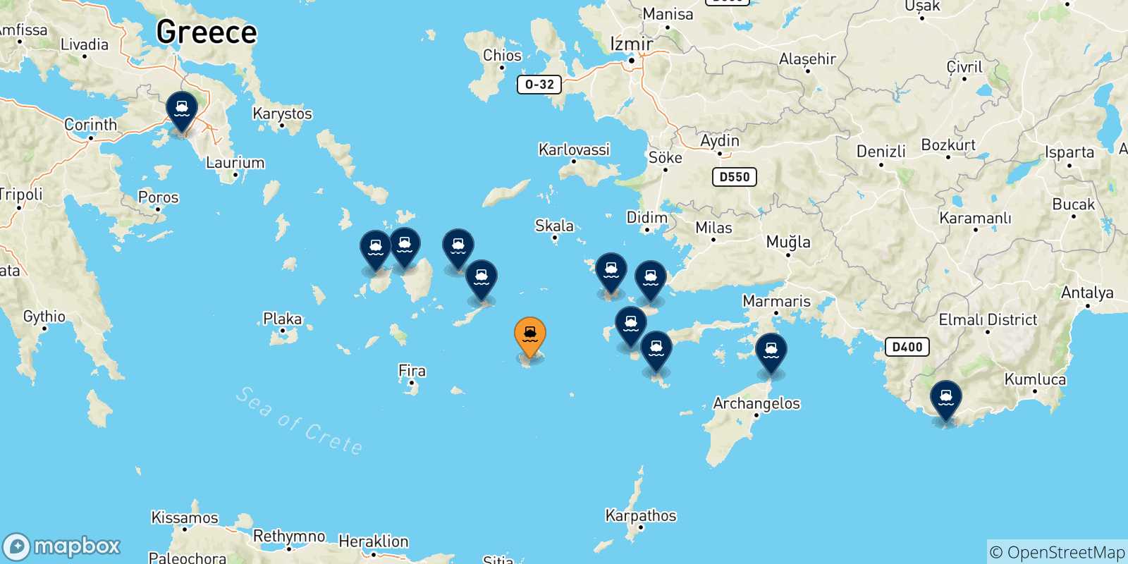 Mapa de las posibles rutas entre Astipalea y  Grecia
