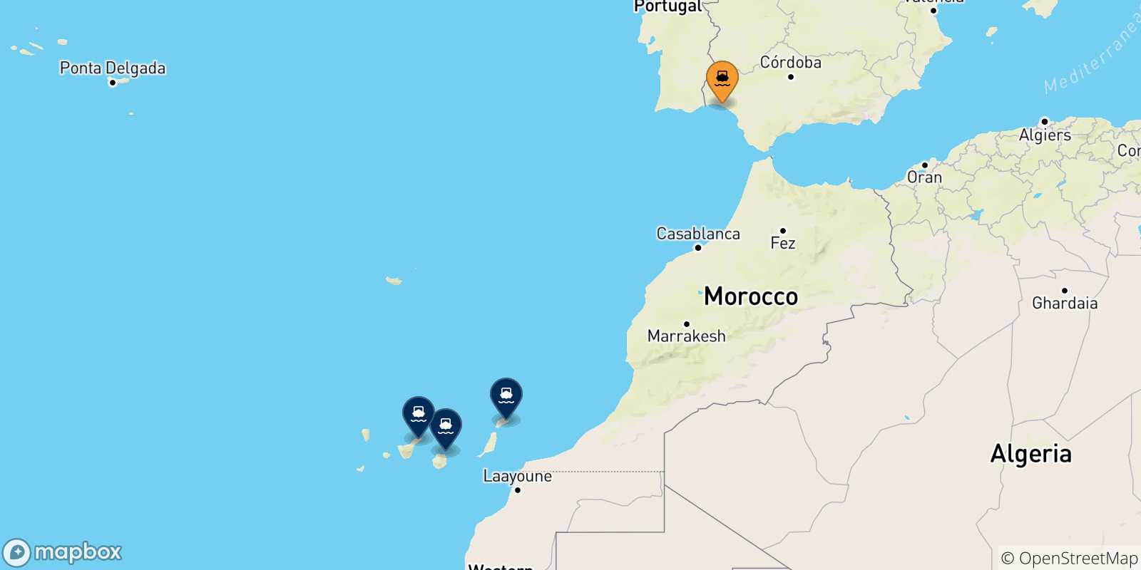 Mapa de las posibles rutas entre Huelva y  España