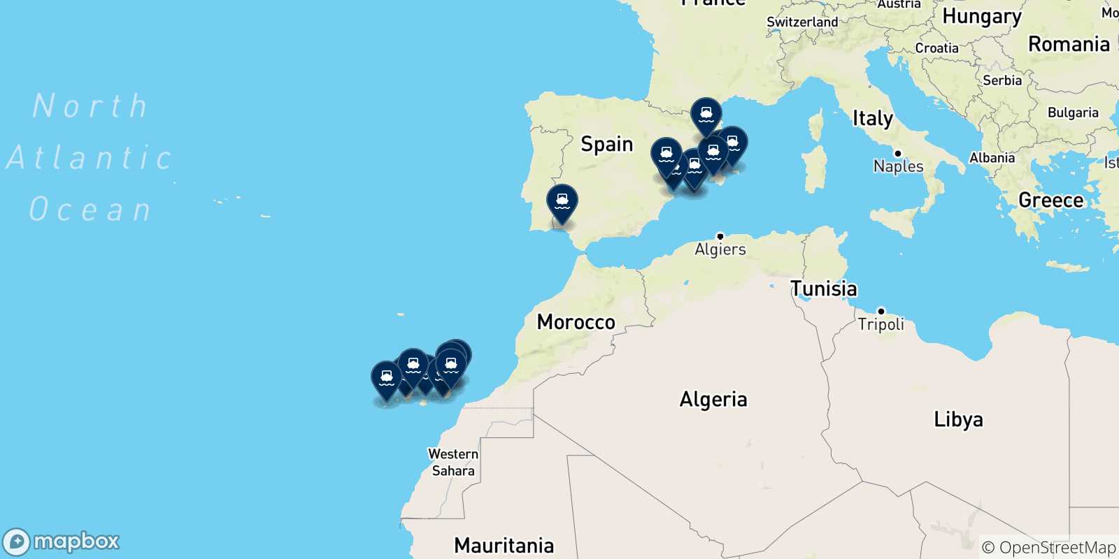 Mapa de las posibles rutas entre España y  España