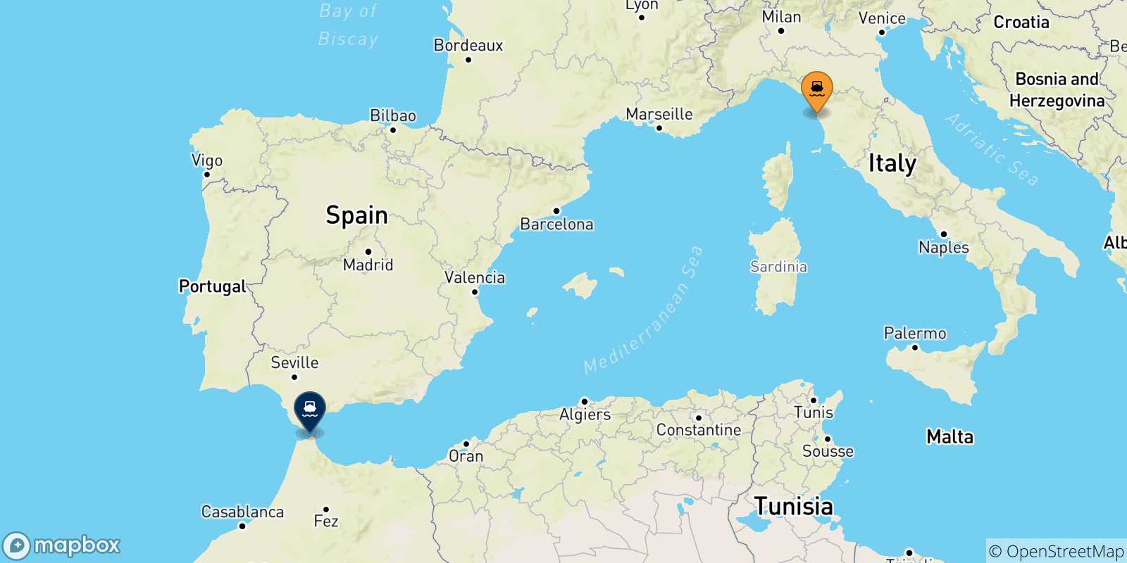 Mapa de las posibles rutas entre Livorno y  Marruecos