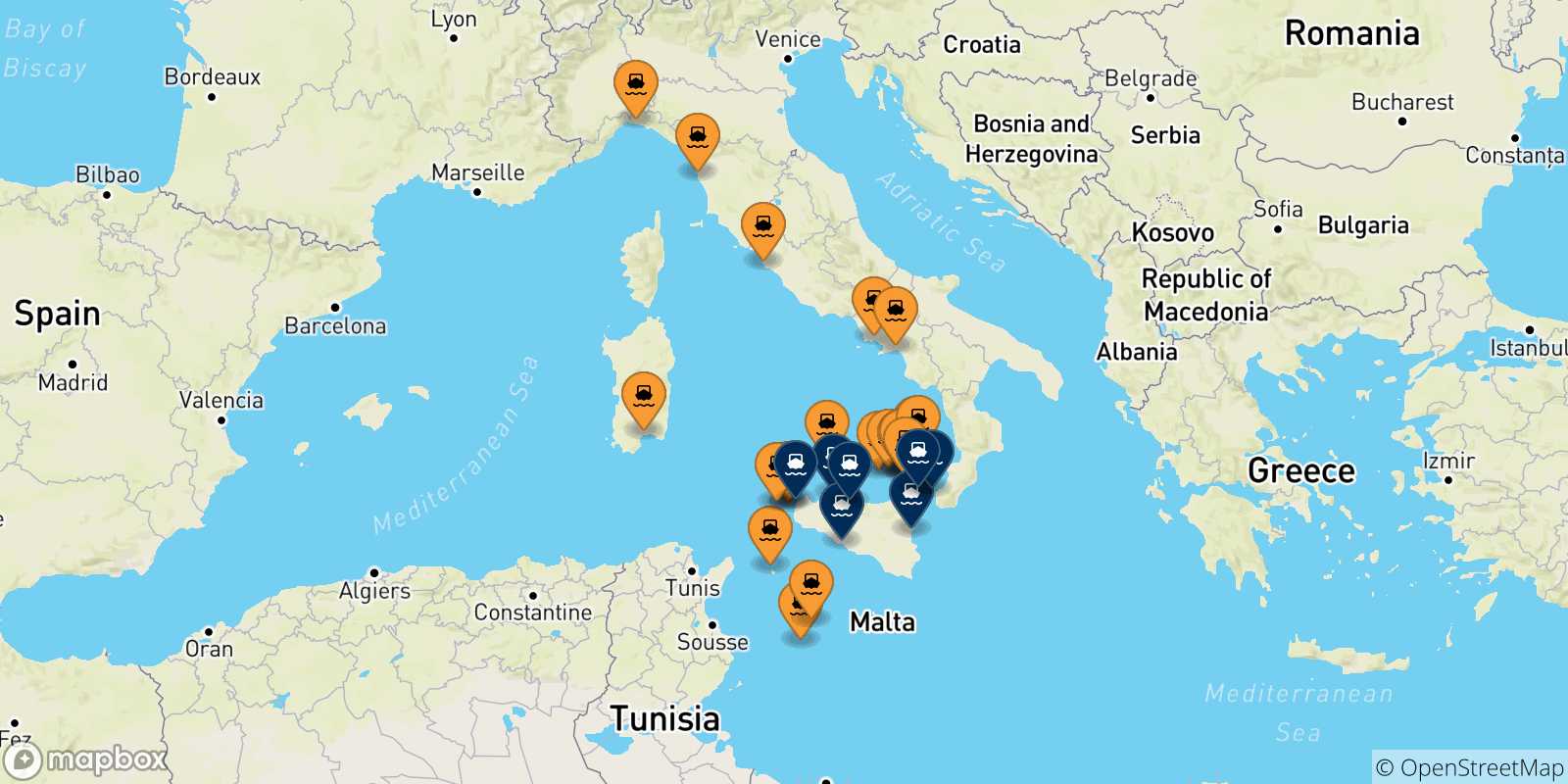 Mapa de las posibles rutas entre Italia y  Sicilia