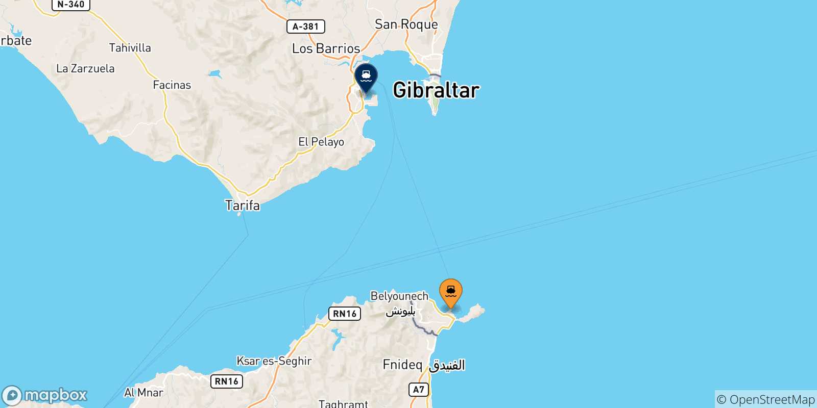 Mapa de las posibles rutas entre España y  Algeciras